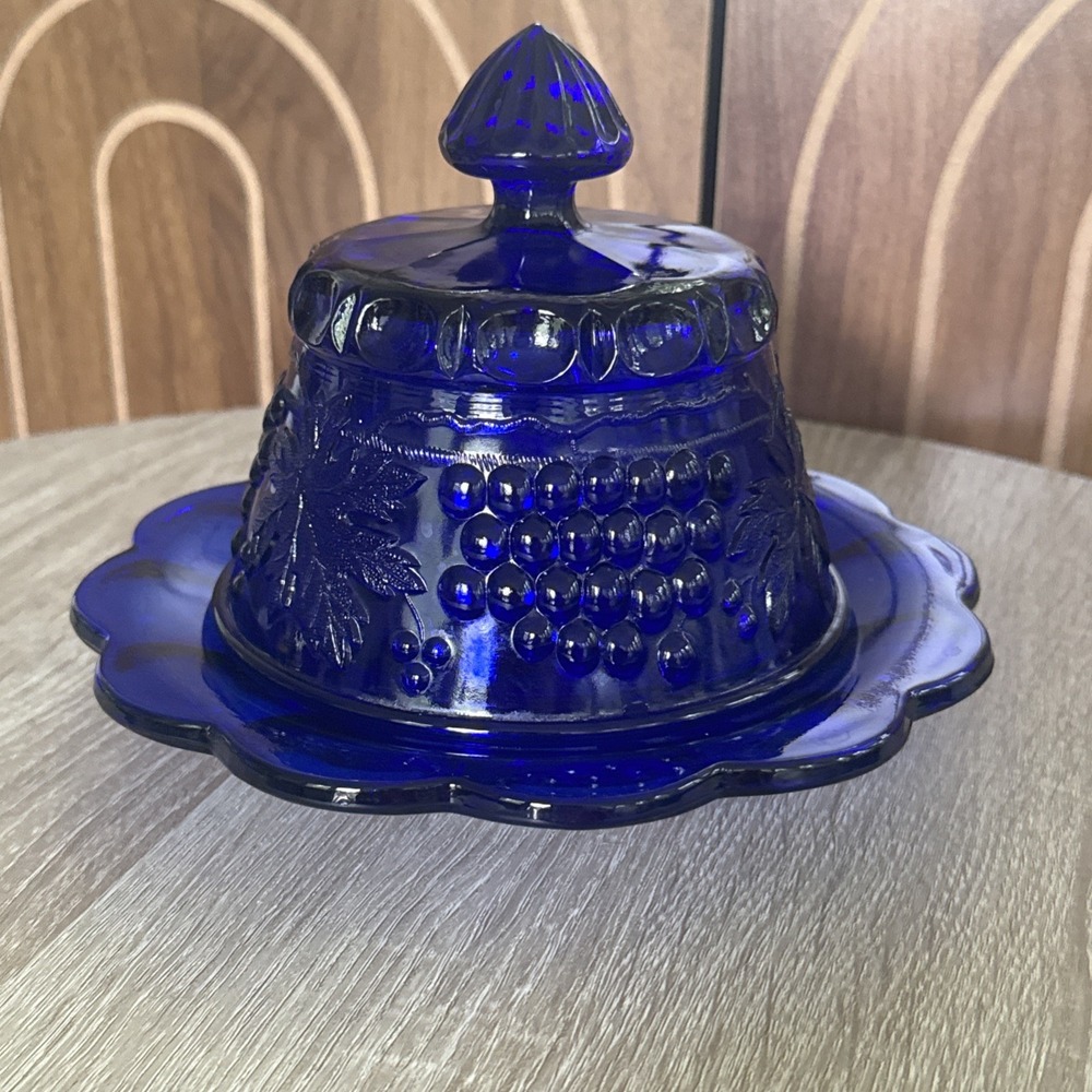 VTG Mosser Grapes Cobalt Blue Depression Glass Covered Cheese Dome Butter Dish